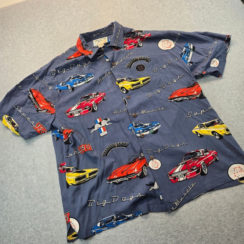Big Dogs Mens All American Muscle Car Rayon Button Down Shirt Blue Large